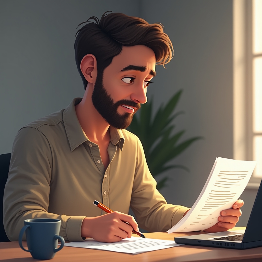 Freelancer analizând un contract la birou