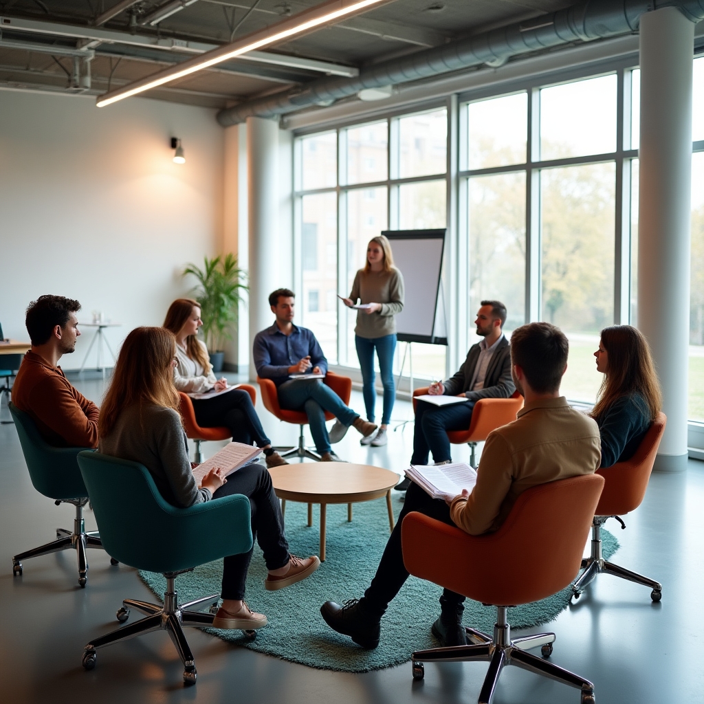Grup de participanți la un atelier de negociere într-o sală luminoasă